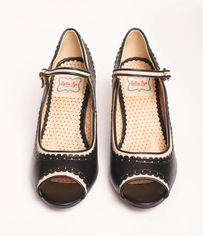 Bettie Page Black and Nude Peep Toe Lydia Heels Shoes Unique Vintage Heels