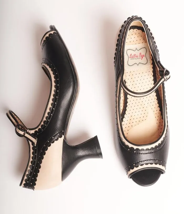Bettie Page Black and Nude Peep Toe Lydia Heels Shoes Unique Vintage Heels
