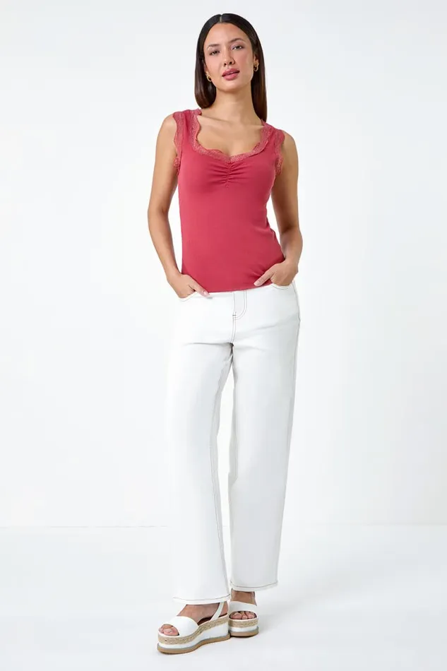 Biscuit Ruched Lace Trim Top Women Roman Tops