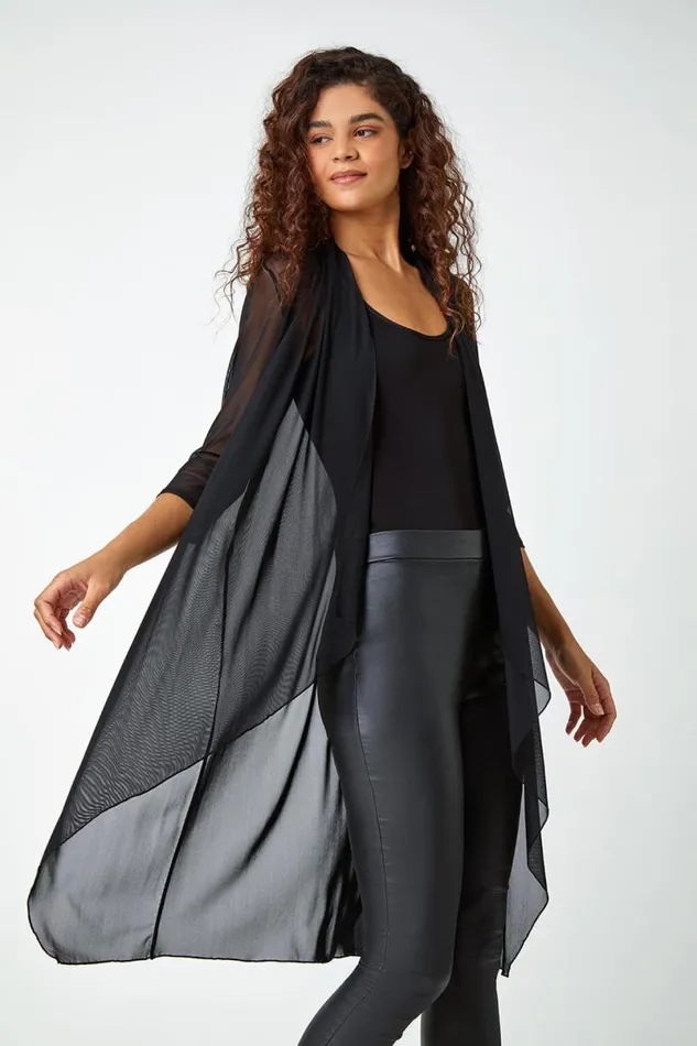 Black 34 Sleeve Mesh Longline Kimono Women Roman Tops