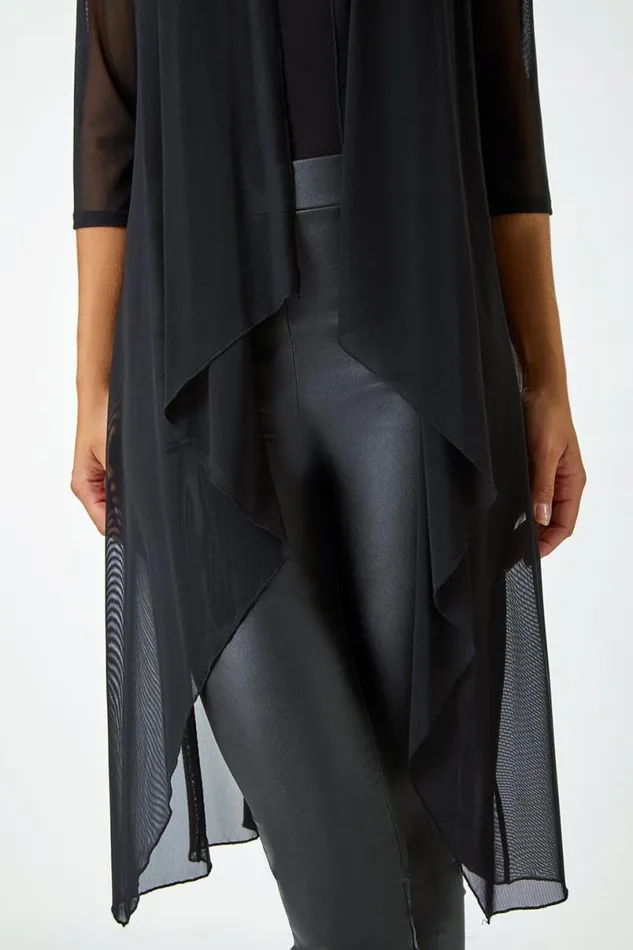 Black 34 Sleeve Mesh Longline Kimono Women Roman Tops