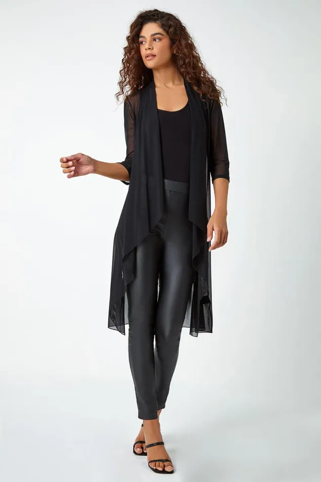 Black 34 Sleeve Mesh Longline Kimono Women Roman Tops