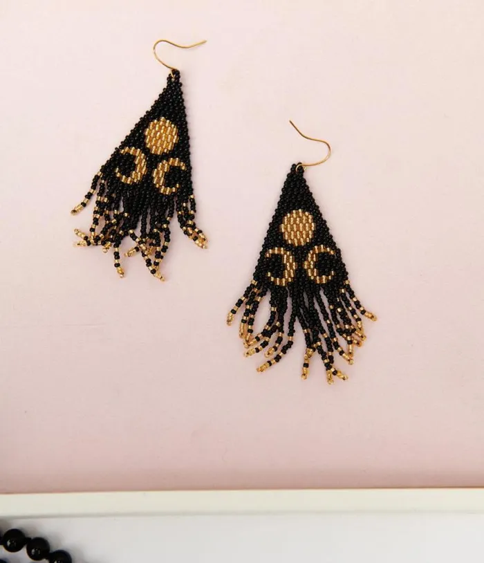 Black and Gold Lunar Reflections Beaded Earrings Accessories Unique Vintage Earrings