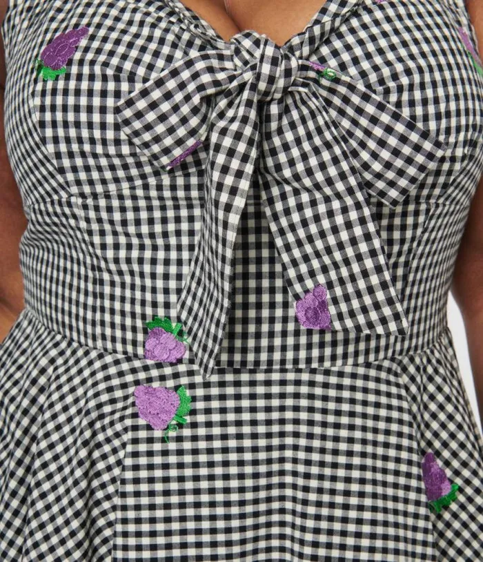 Black and White Gingham Grape Embroidered Halter Swing Dress DressesPlus Unique Vintage Pocket Dresses