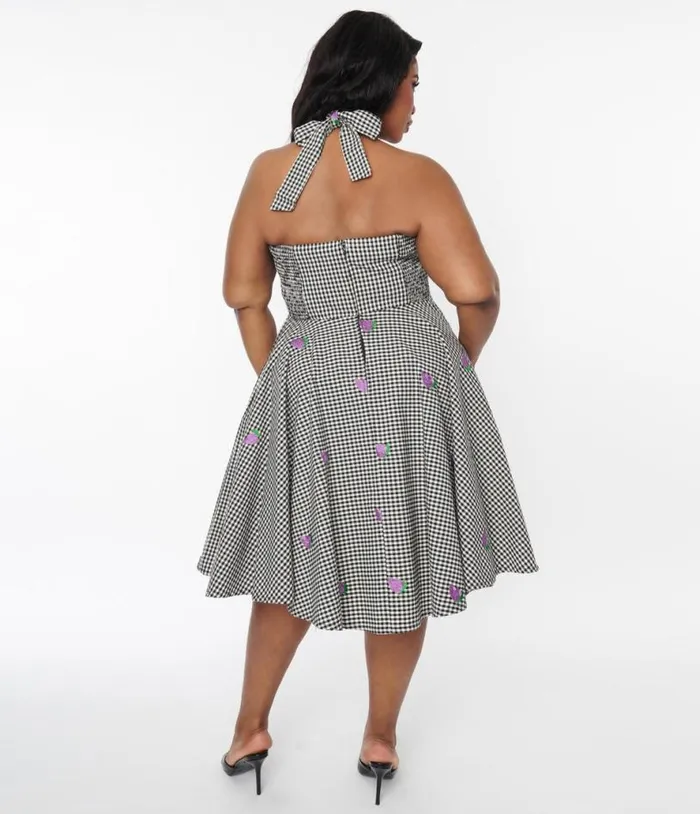 Black and White Gingham Grape Embroidered Halter Swing Dress DressesPlus Unique Vintage Pocket Dresses