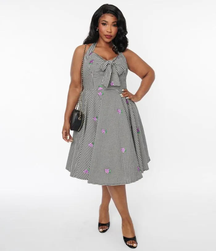 Black and White Gingham Grape Embroidered Halter Swing Dress DressesPlus Unique Vintage Pocket Dresses