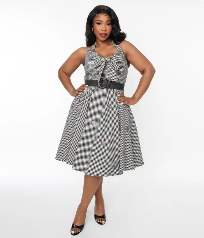 Black and White Gingham Grape Embroidered Halter Swing Dress DressesPlus Unique Vintage Pocket Dresses