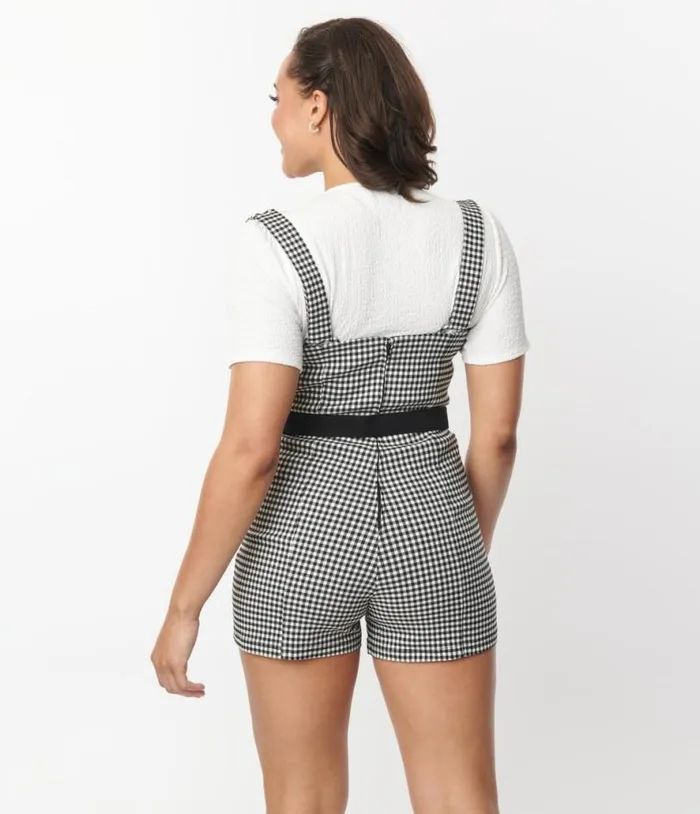 Black and White Gingham Suspender Shorts Clothing Unique Vintage Shorts