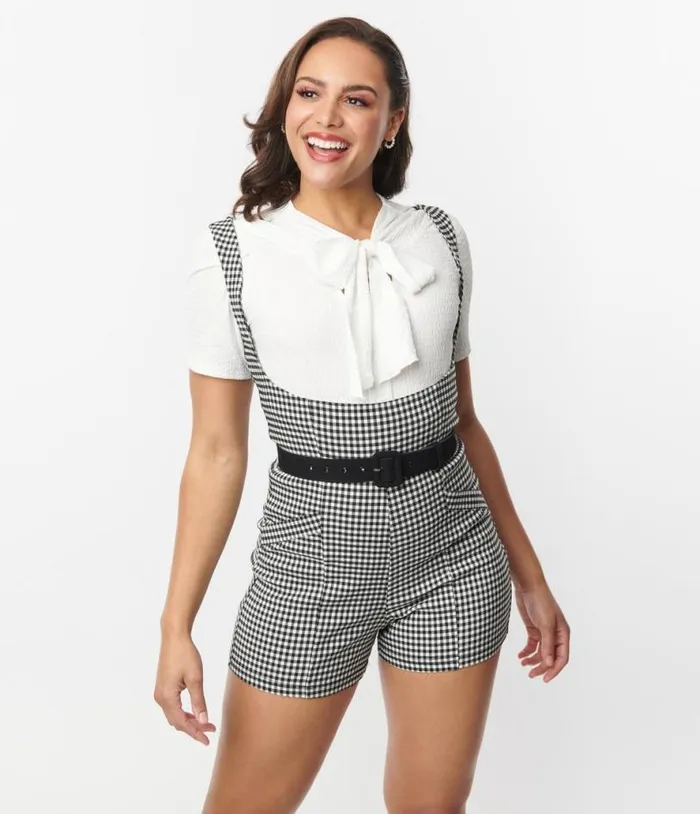 Black and White Gingham Suspender Shorts Clothing Unique Vintage Shorts
