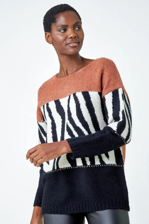 Black Animal Colour Block Jumper Women Roman Knitwear