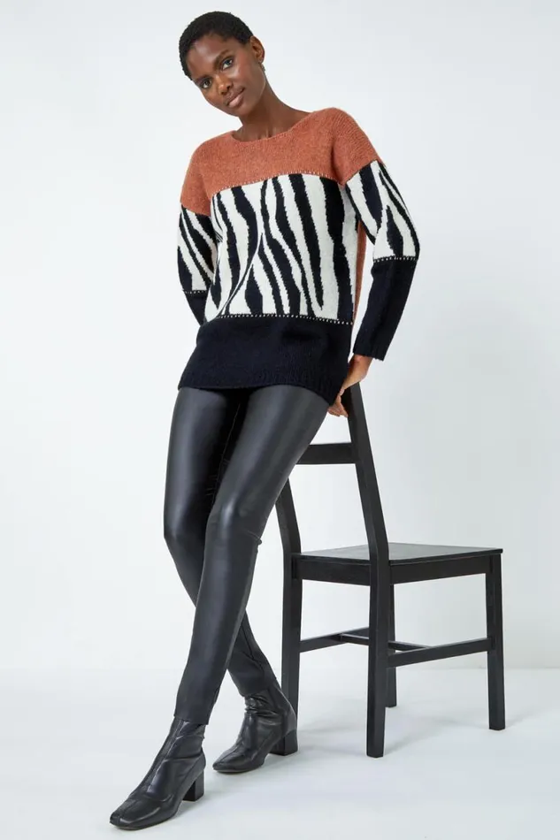 Black Animal Colour Block Jumper Women Roman Knitwear