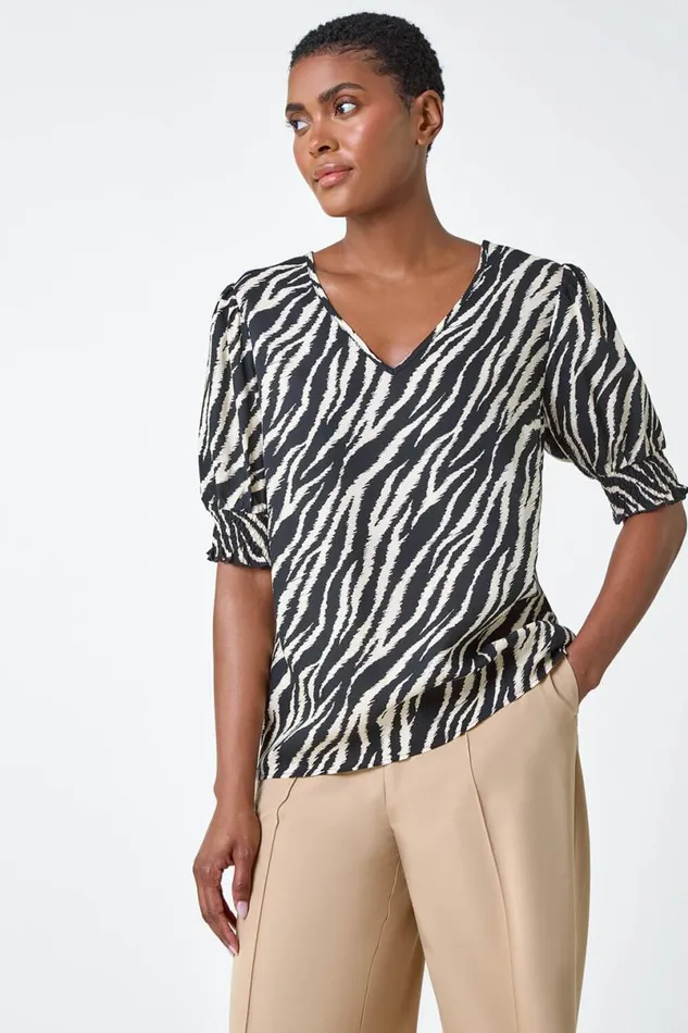 Black Animal Print Shirred VNeck Top Women Roman Tops
