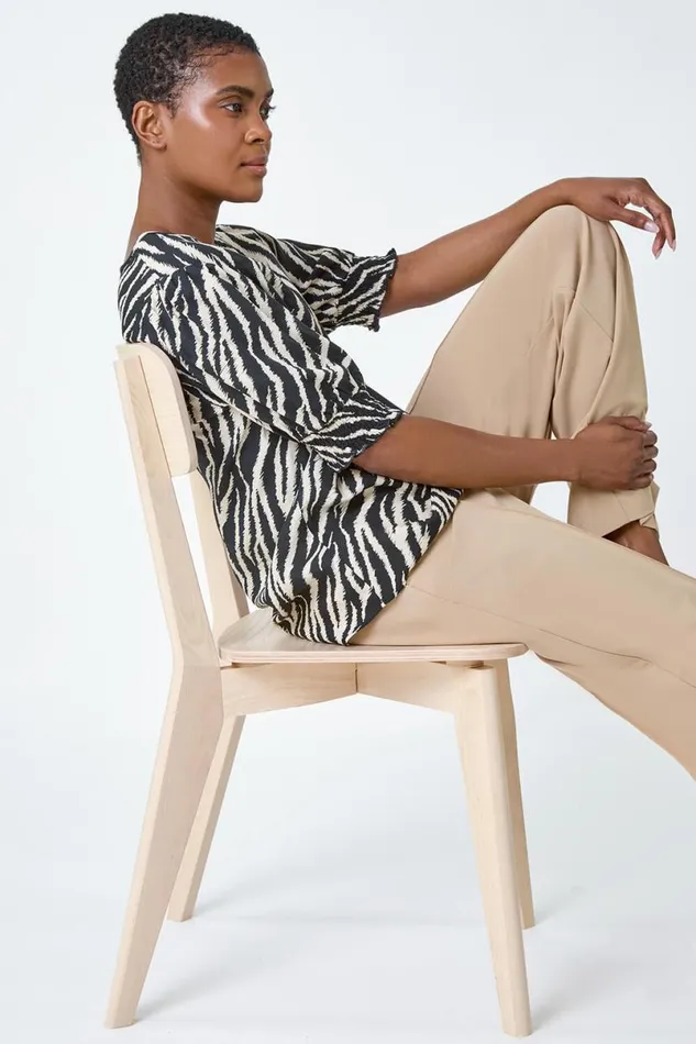 Black Animal Print Shirred VNeck Top Women Roman Tops