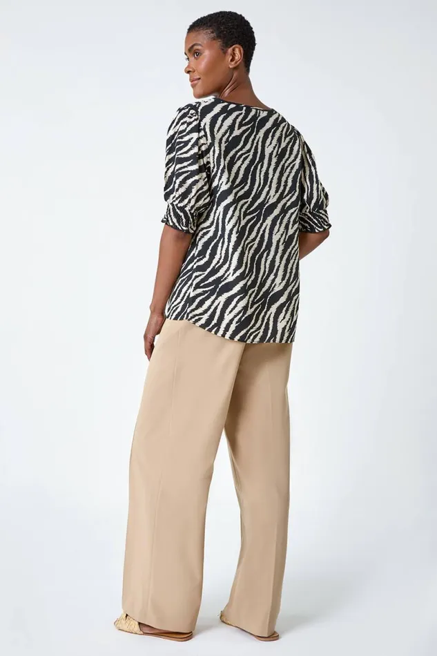 Black Animal Print Shirred VNeck Top Women Roman Tops