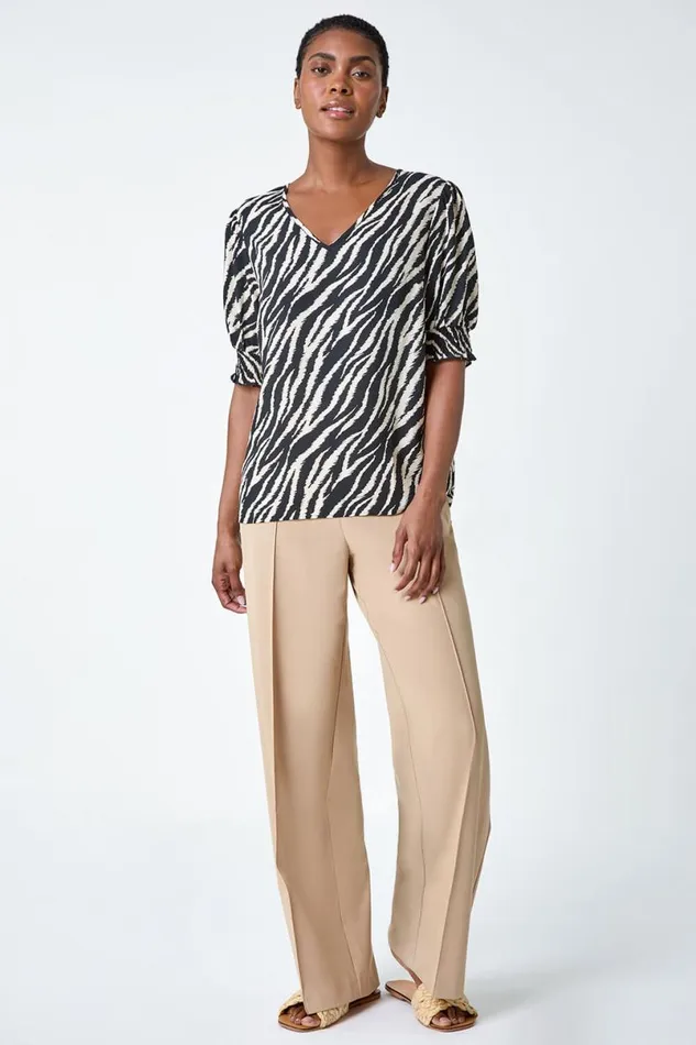 Black Animal Print Shirred VNeck Top Women Roman Tops