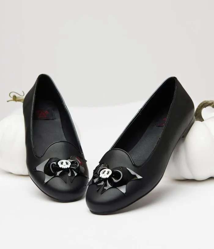 Black Bat and Skull Lydia Flats HalloweenShoes Unique Vintage Flats