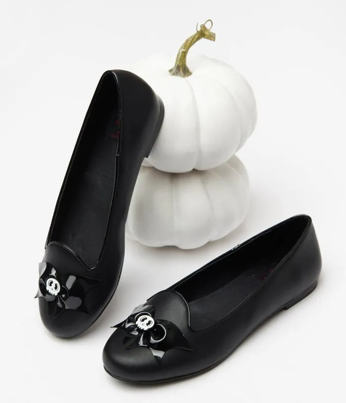 Black Bat and Skull Lydia Flats HalloweenShoes Unique Vintage Flats