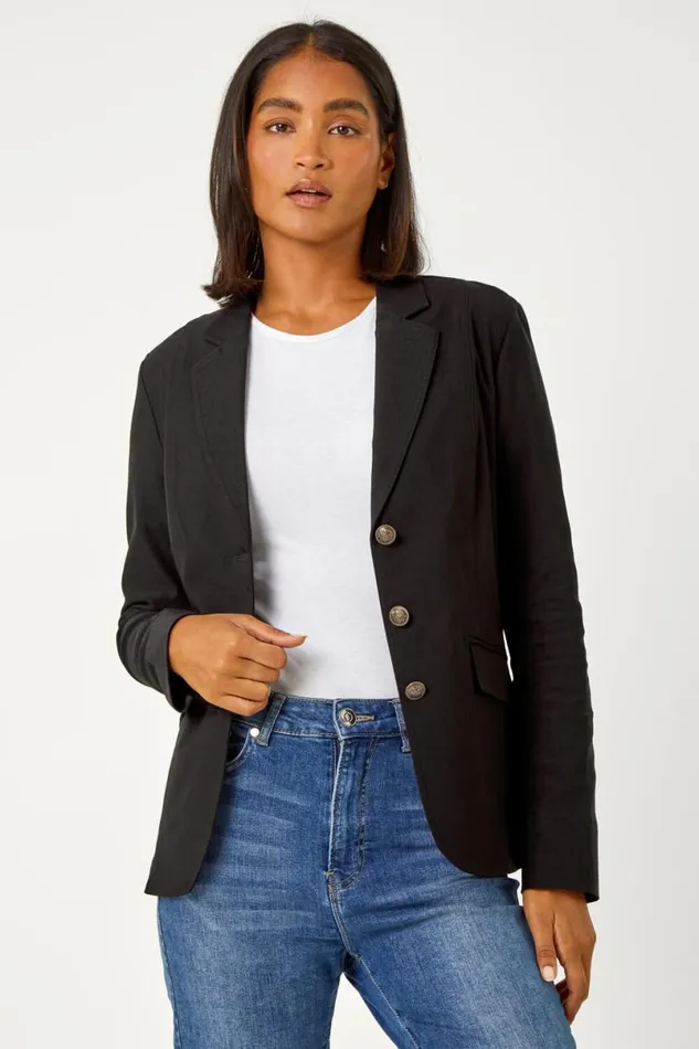 Black Button Detail Stretch Blazer Women Roman Occasionwear