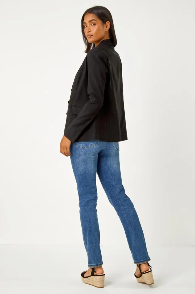 Black Button Detail Stretch Blazer Women Roman Occasionwear
