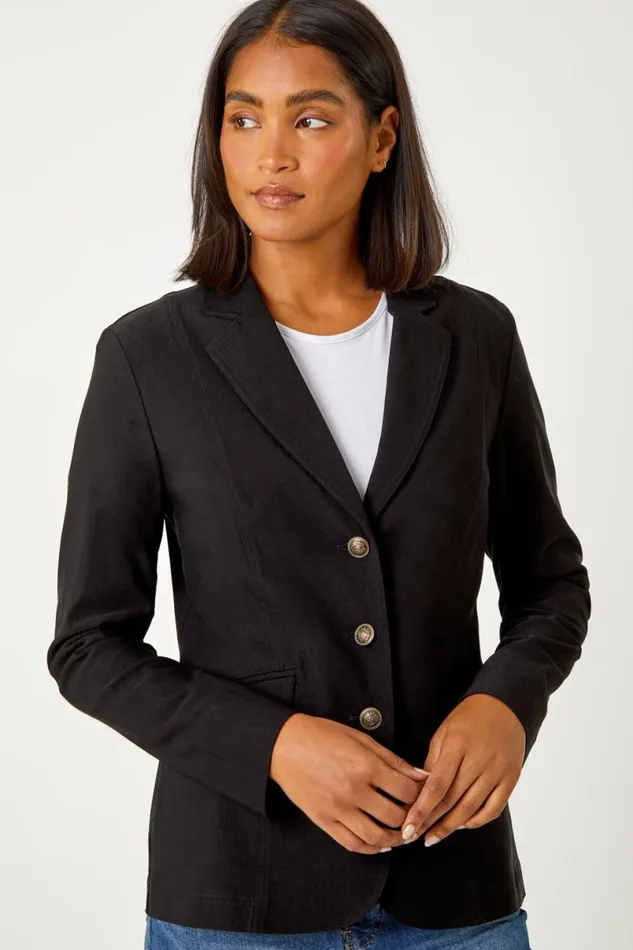 Black Button Detail Stretch Blazer Women Roman Occasionwear