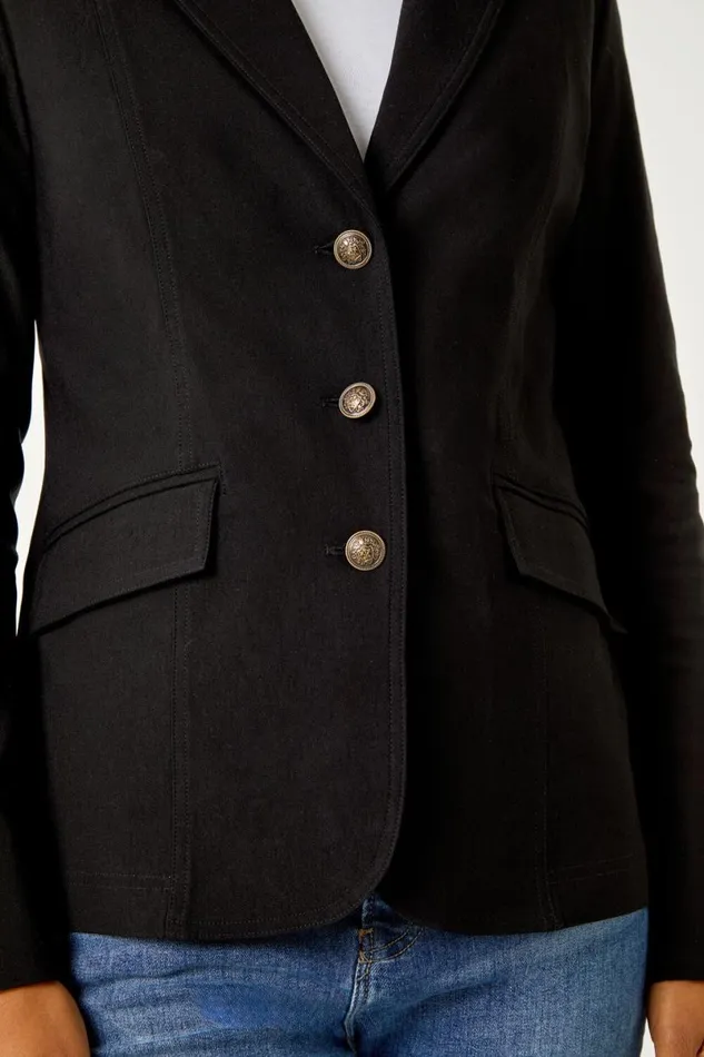Black Button Detail Stretch Blazer Women Roman Occasionwear