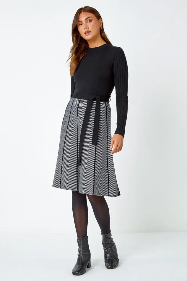 Black Chevron Print Belted Jumper Dress Women Roman Dresses