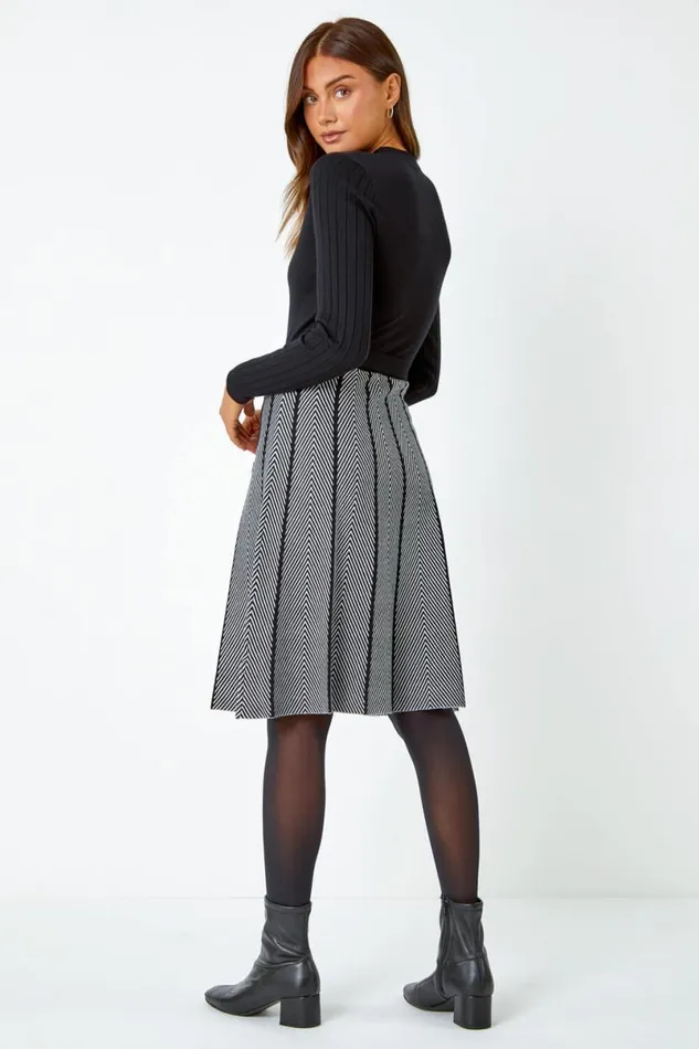 Black Chevron Print Belted Jumper Dress Women Roman Dresses
