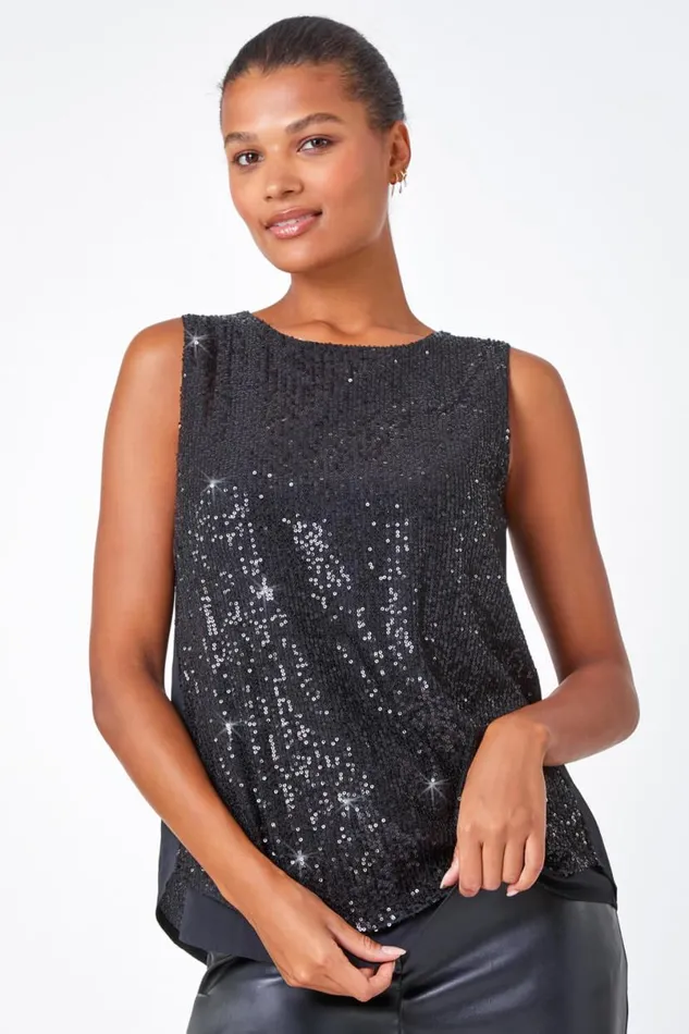 Black Contrast Back Sequin Top Women Roman Tops