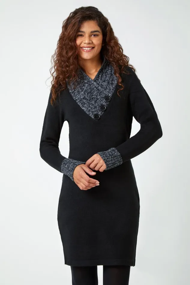Black Contrast Button Detail Knit Dress Women Roman Dresses