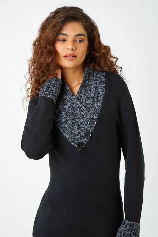 Black Contrast Button Detail Knit Dress Women Roman Dresses