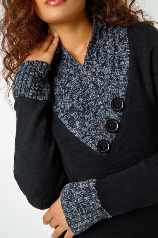 Black Contrast Button Detail Knit Dress Women Roman Dresses
