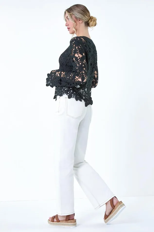 Black Crochet Knit Jumper Women Roman Tops