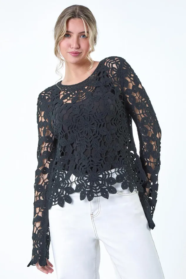 Black Crochet Knit Jumper Women Roman Tops