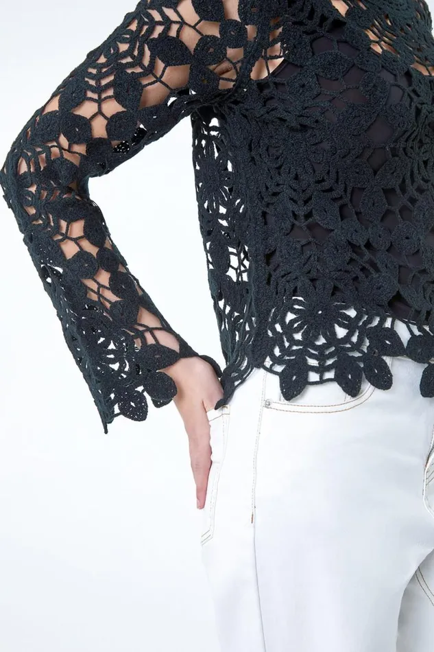 Black Crochet Knit Jumper Women Roman Tops