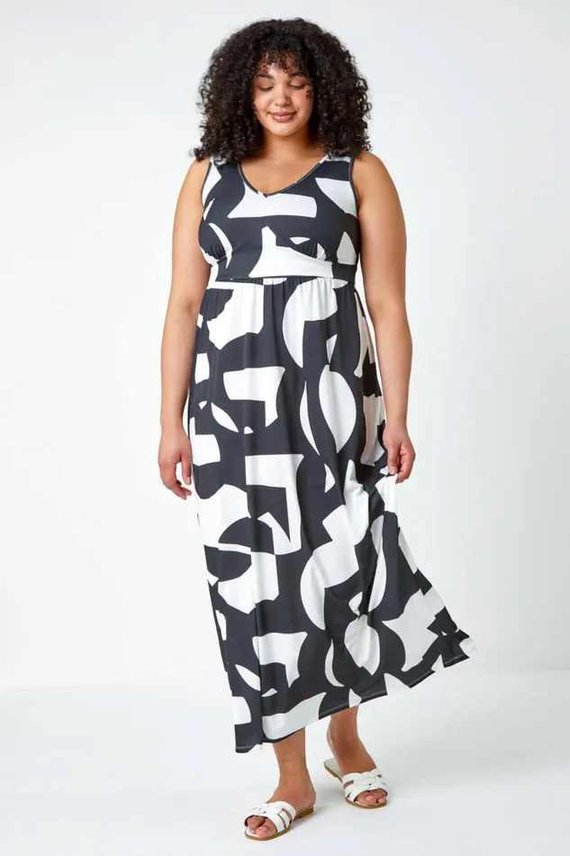 Black Curve Abstract Print Maxi Stretch Dress Women Roman Dresses