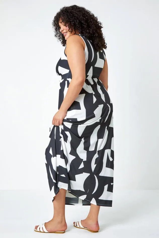 Black Curve Abstract Print Maxi Stretch Dress Women Roman Dresses