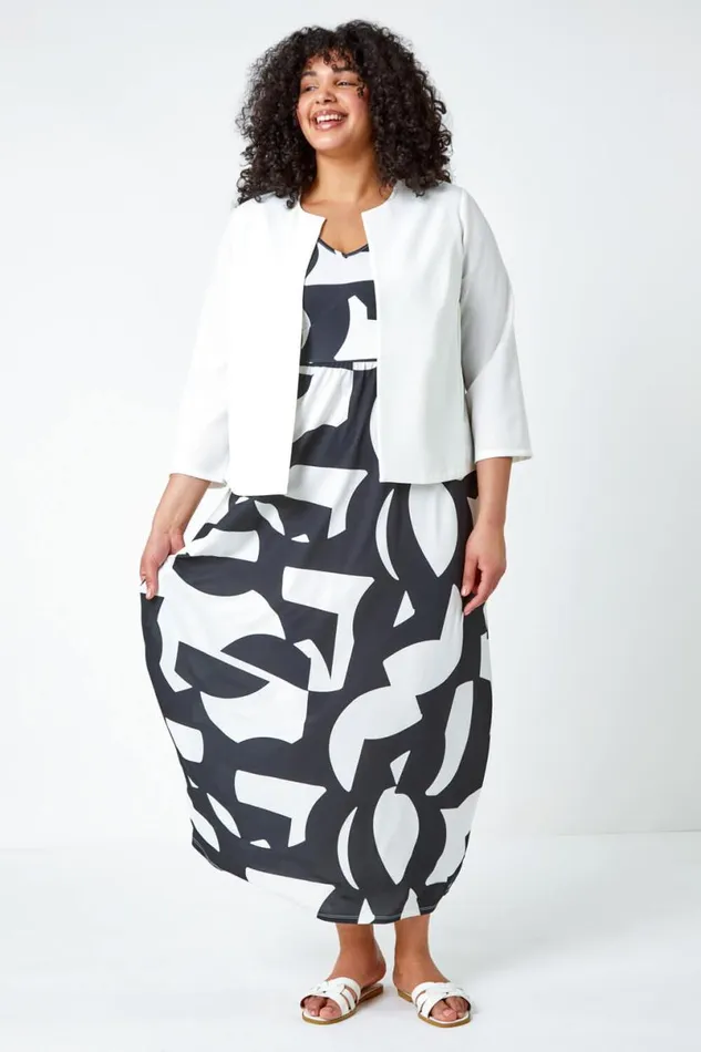 Black Curve Abstract Print Maxi Stretch Dress Women Roman Dresses