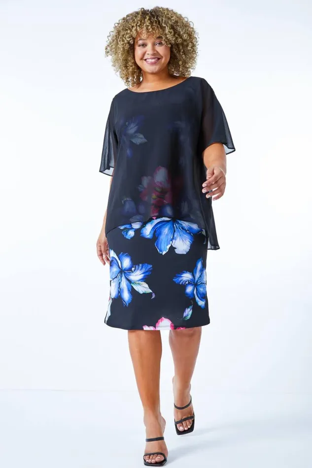 Black Curve Chiffon Overlay Floral Dress Women Roman Dresses