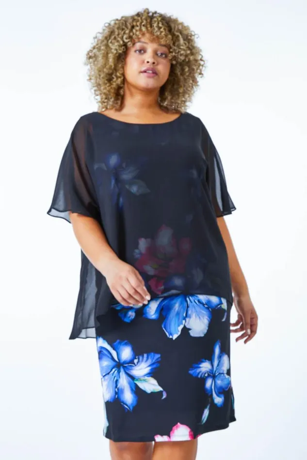 Black Curve Chiffon Overlay Floral Dress Women Roman Dresses