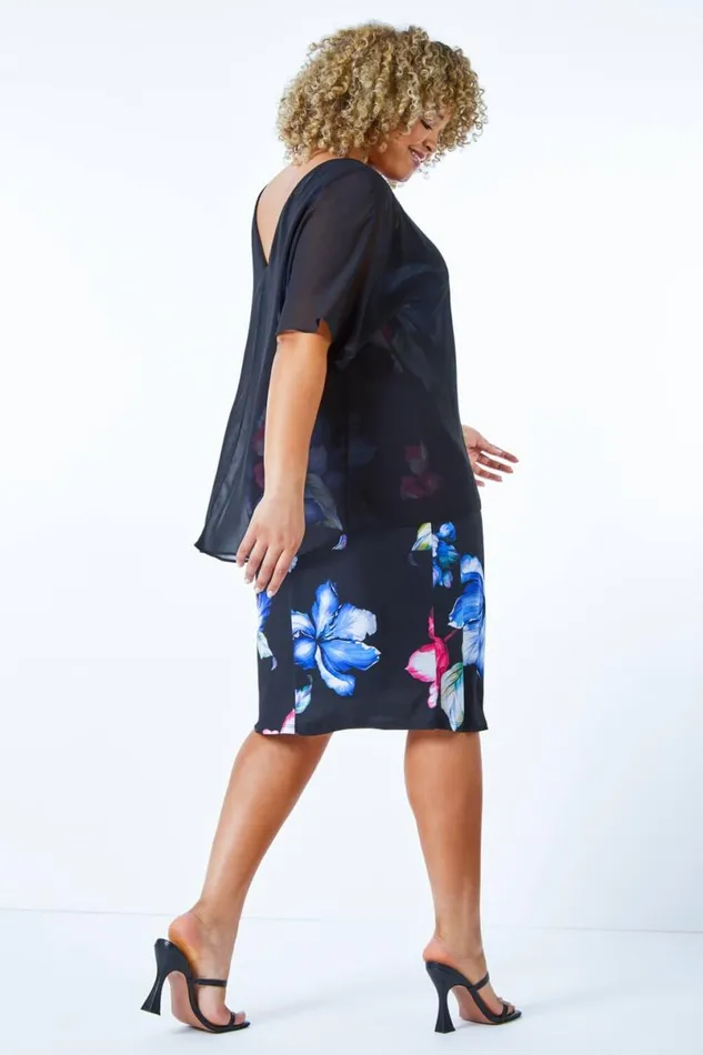 Black Curve Chiffon Overlay Floral Dress Women Roman Dresses