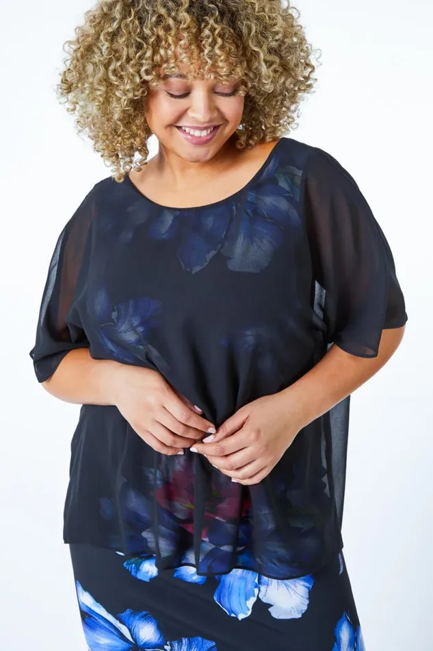 Black Curve Chiffon Overlay Floral Dress Women Roman Dresses