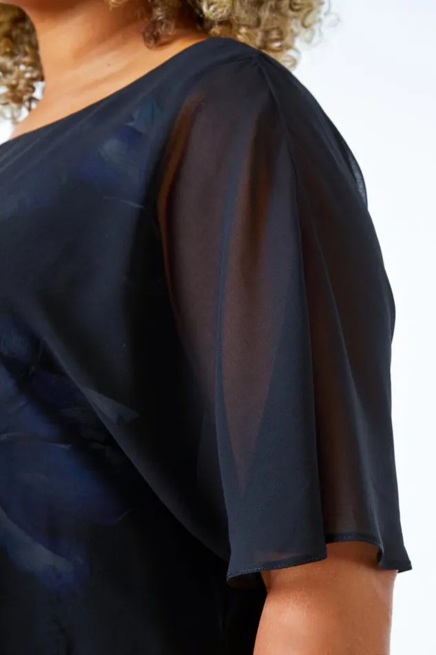 Black Curve Chiffon Overlay Floral Dress Women Roman Dresses