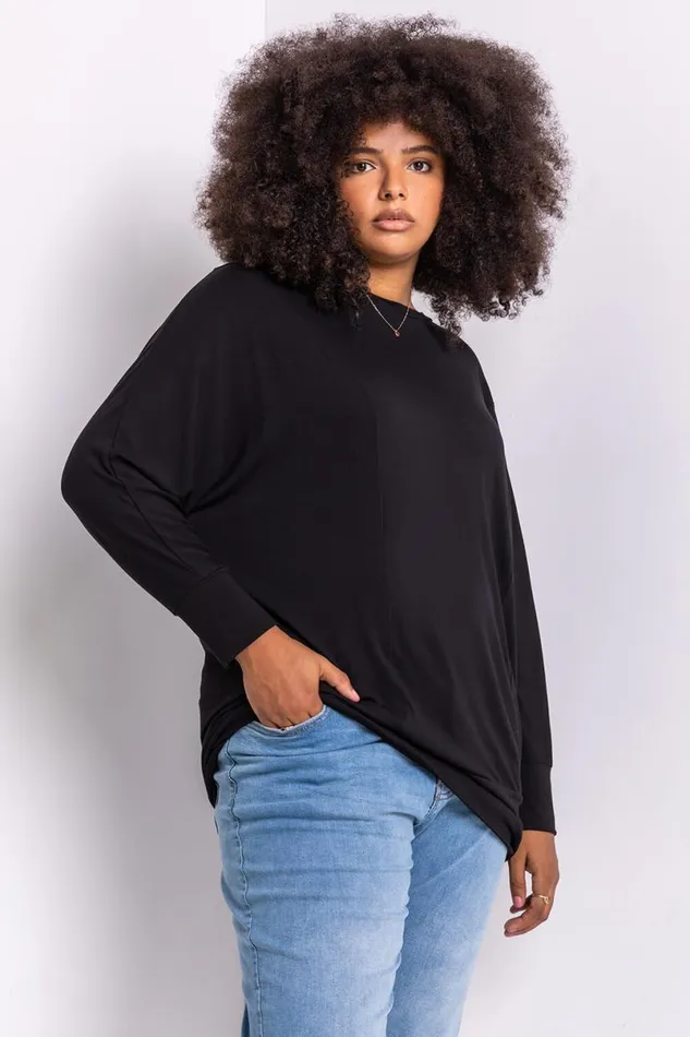 Black Curve Crew Neck Long Sleeve Top Women Roman Tops