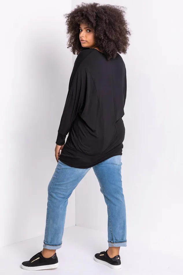 Black Curve Crew Neck Long Sleeve Top Women Roman Tops