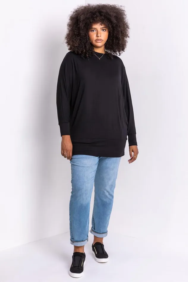 Black Curve Crew Neck Long Sleeve Top Women Roman Tops