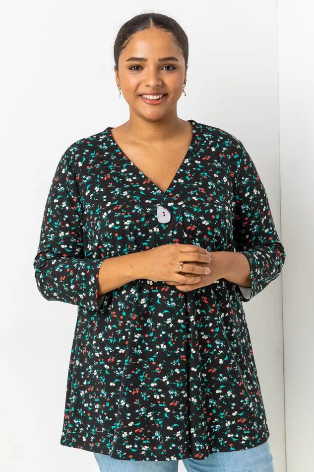 Black Curve Floral Print Button Detail Tunic Top Women Roman Tops