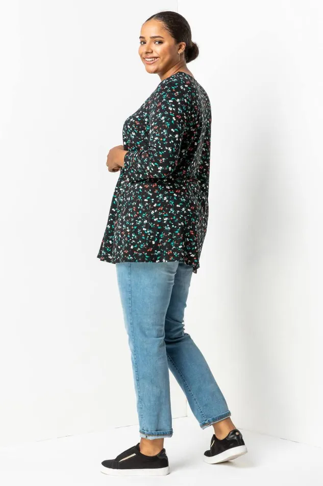Black Curve Floral Print Button Detail Tunic Top Women Roman Tops