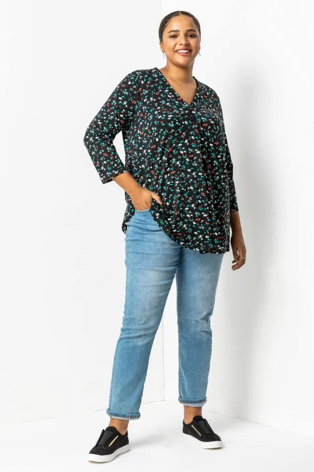 Black Curve Floral Print Button Detail Tunic Top Women Roman Tops