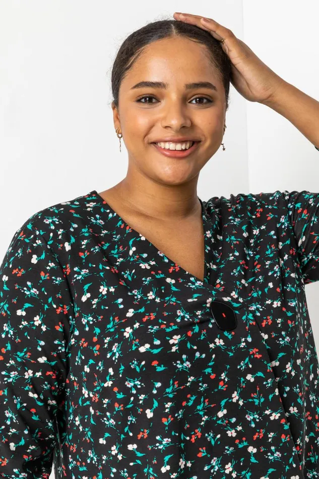 Black Curve Floral Print Button Detail Tunic Top Women Roman Tops
