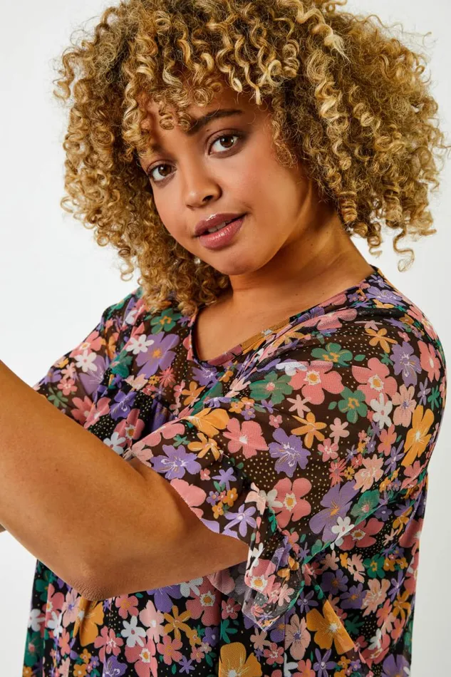 Black Curve Floral Print Mesh Yoke Top Women Roman Tops
